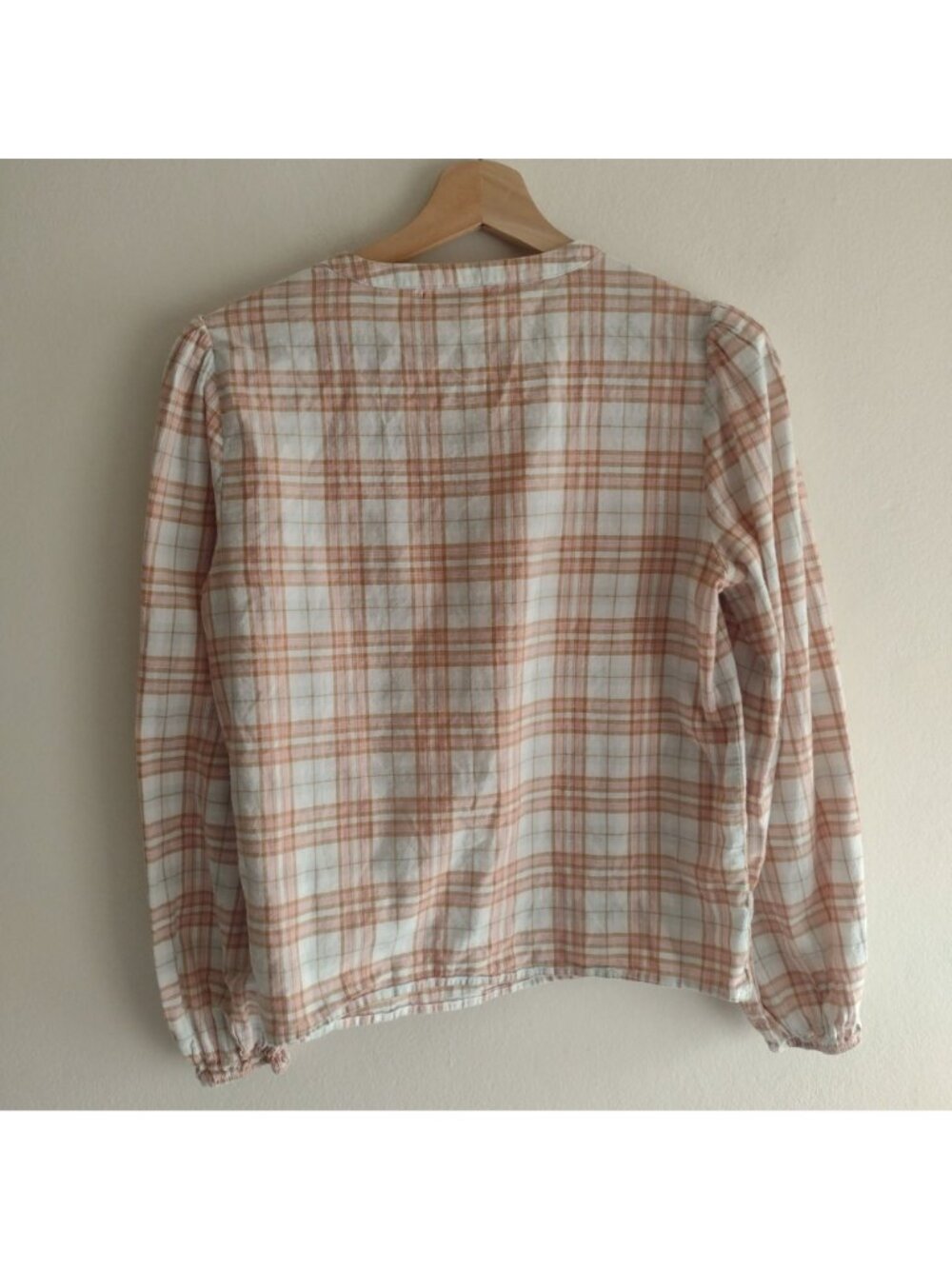 Reformation Plaid Blouse S Soft Peach Tan Light Academia Cotton Top - Picture 7 of 10